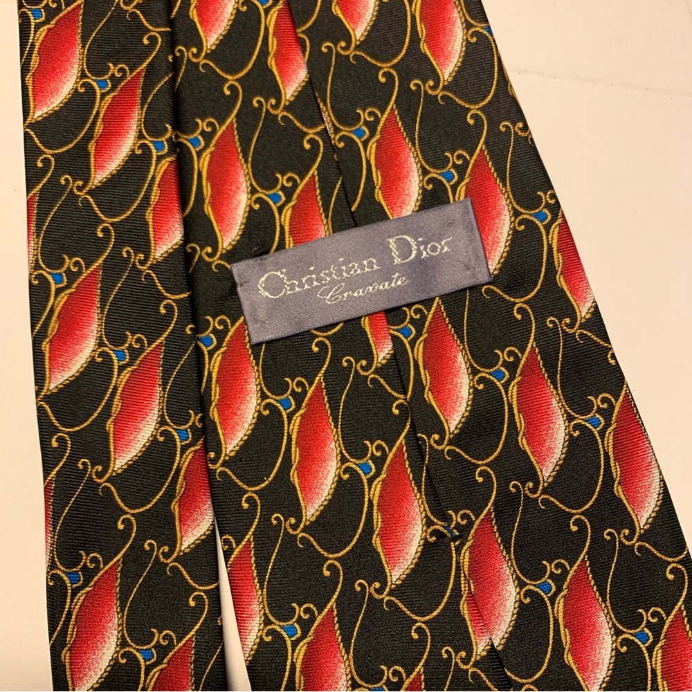 Christian Dior Cravate 100% Silk Neck Tie Black Red Gold 4" x 55"